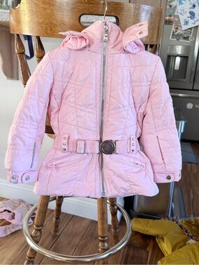 Girls' Quilted Pink Hooded Puffer Ski Jacket with Belt